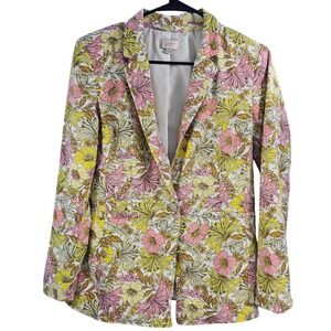 LOFT Floral Print Blazer Jacket Women Size 6 Linen Blend Pink Yellow